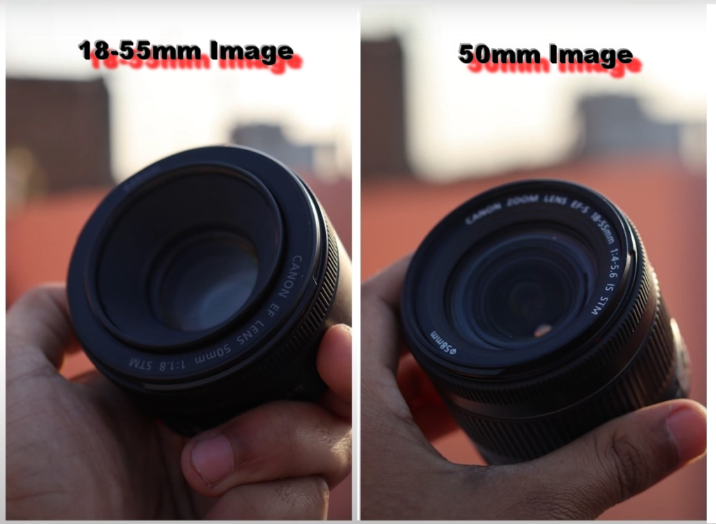 two camera lenses explaining the differences between 50mm and 18-55mm options