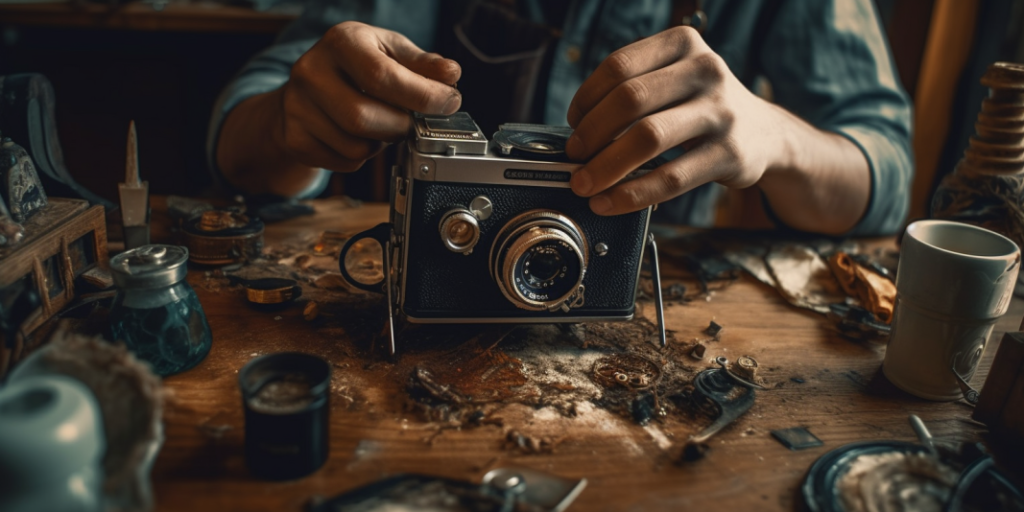 A man cleaning his vintage camera on a wooden table.