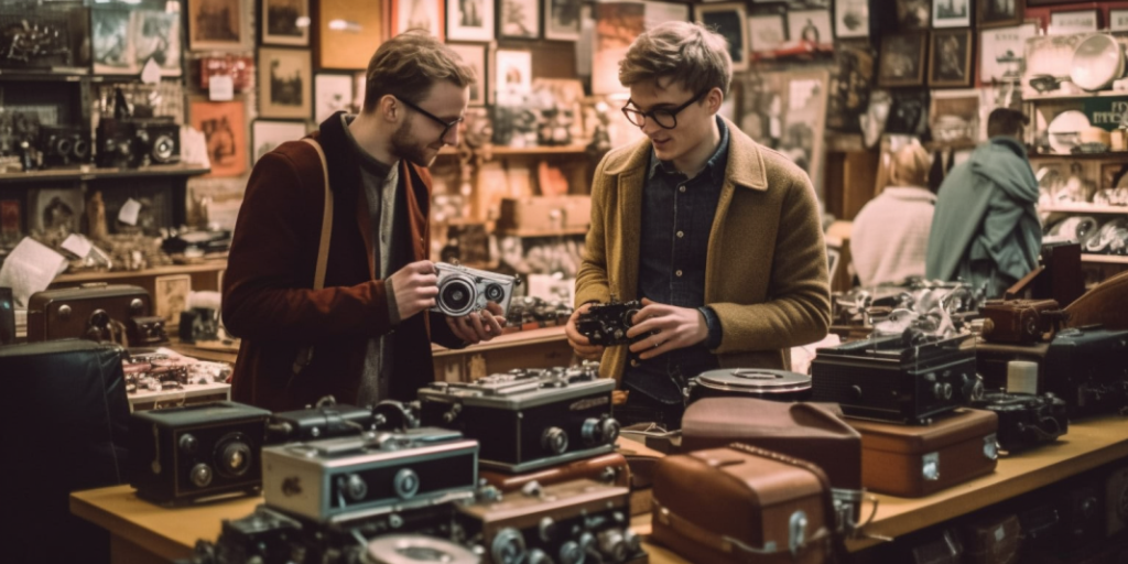 Two men chatting while holding vintage cameras in a vintage shop.