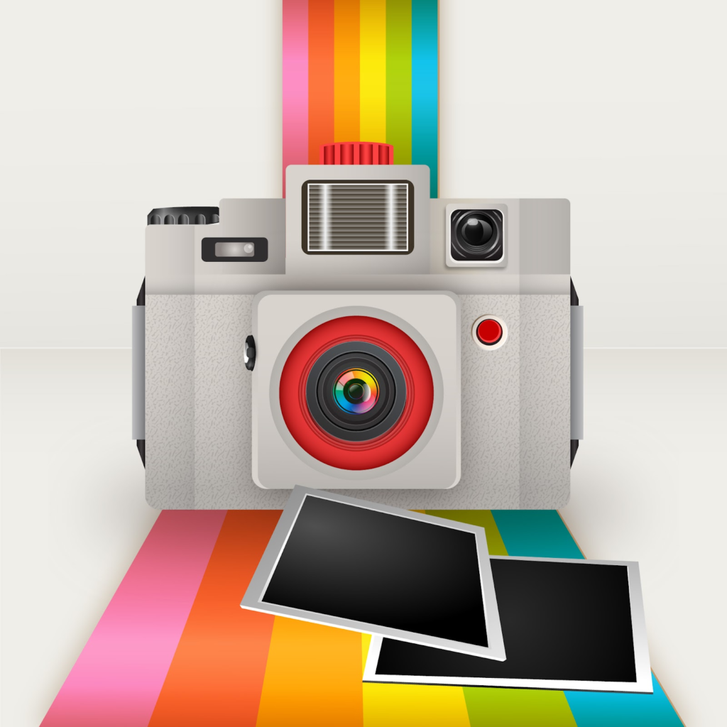 A Polaroid camera with two photos